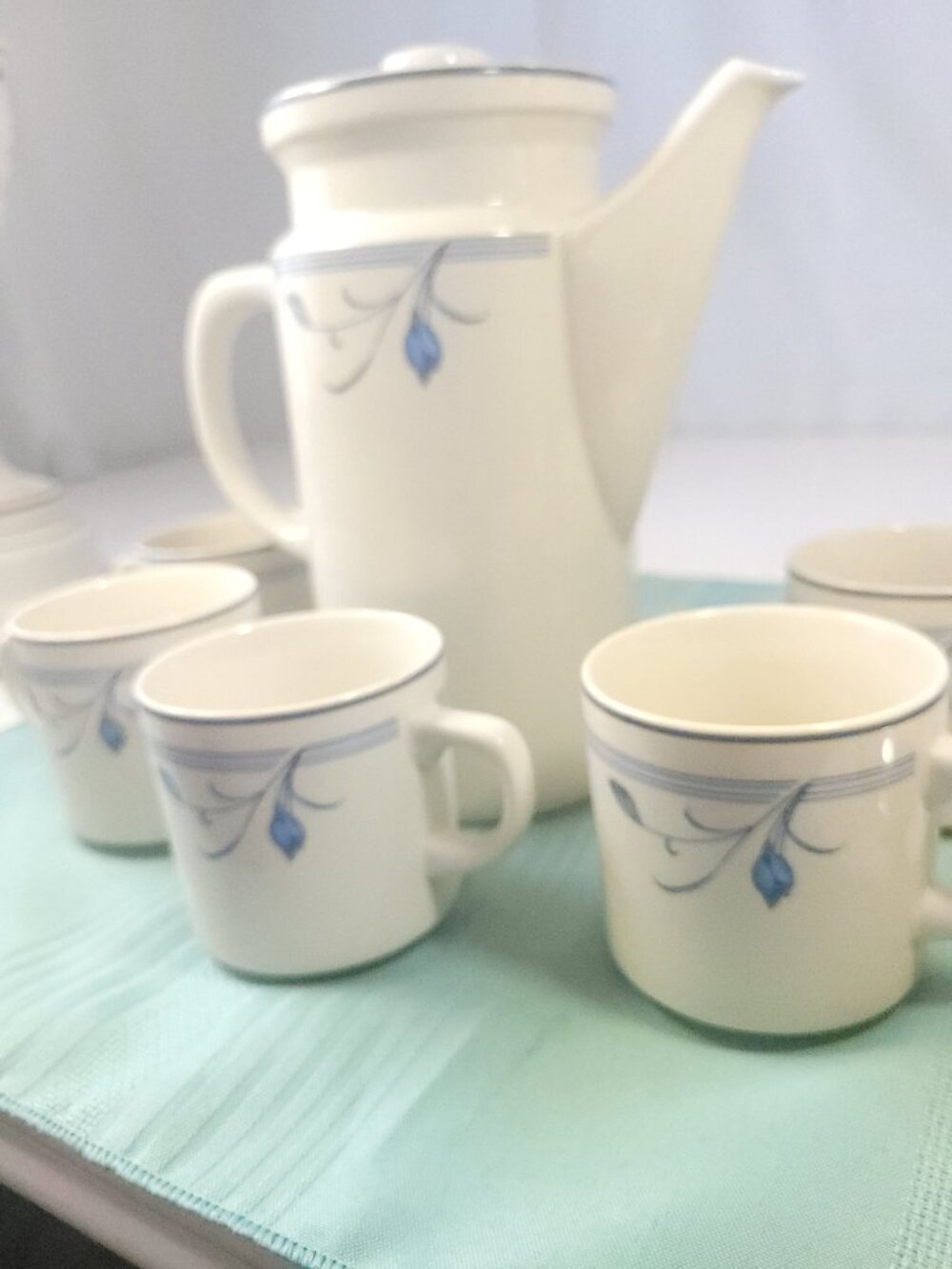 1980s Royal Oak Blue Tulip Stoneware Coffee Pot & 5 Mugs Set